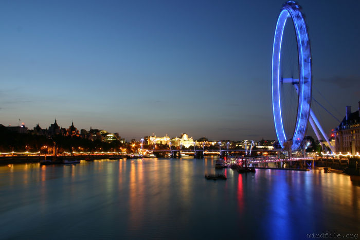 London Eye und Themse von der Westminster Bridge aus gesehen.
Geb&auml;ude im Hintergrund (Bildmitte): The Adelphi, Shell Mex House, The Savoy.
Aufgenommen am 31.7.2014